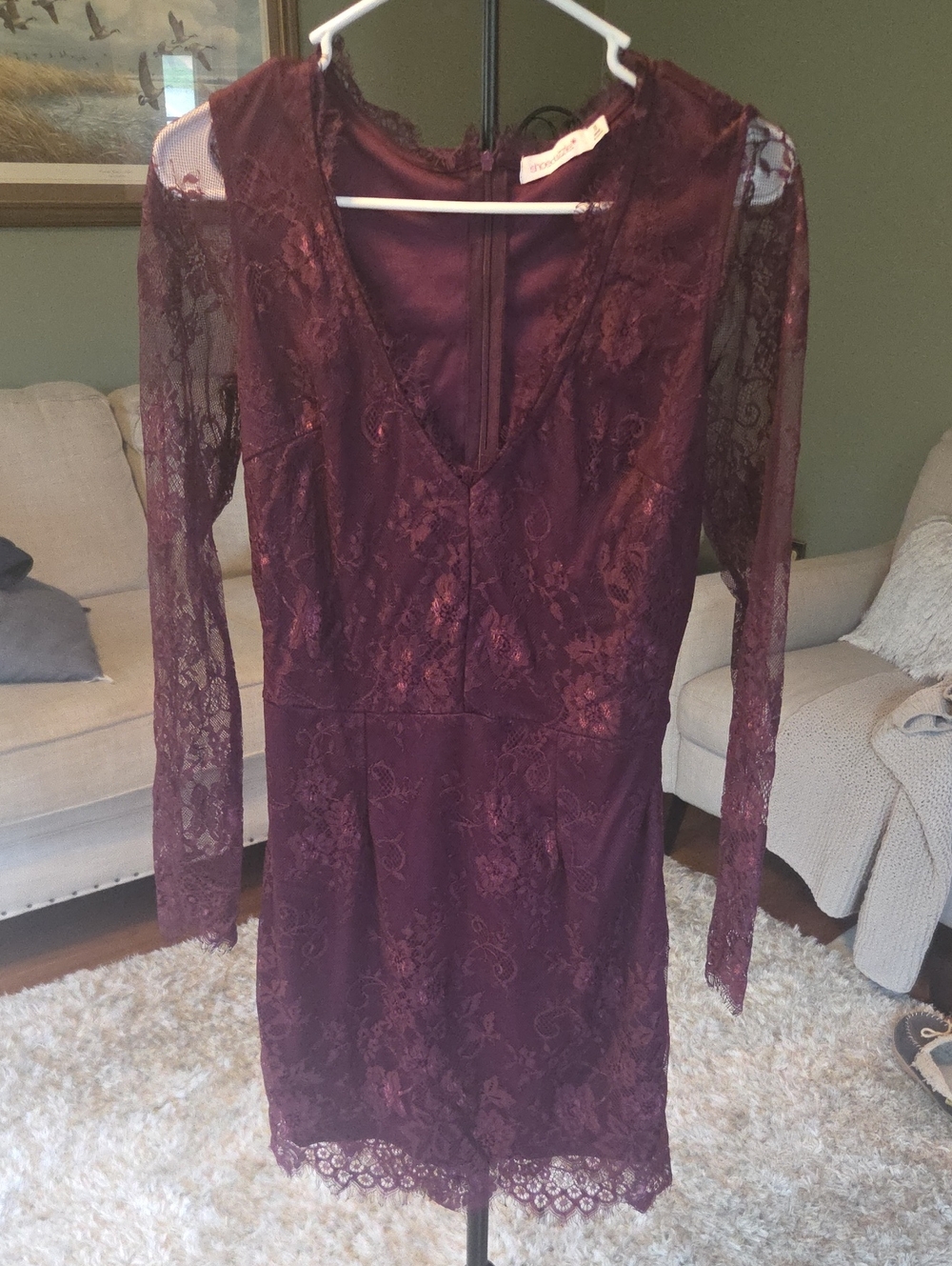 Shoe Dazzle Burgundy Lace Long Sleeve V-Neck Dress